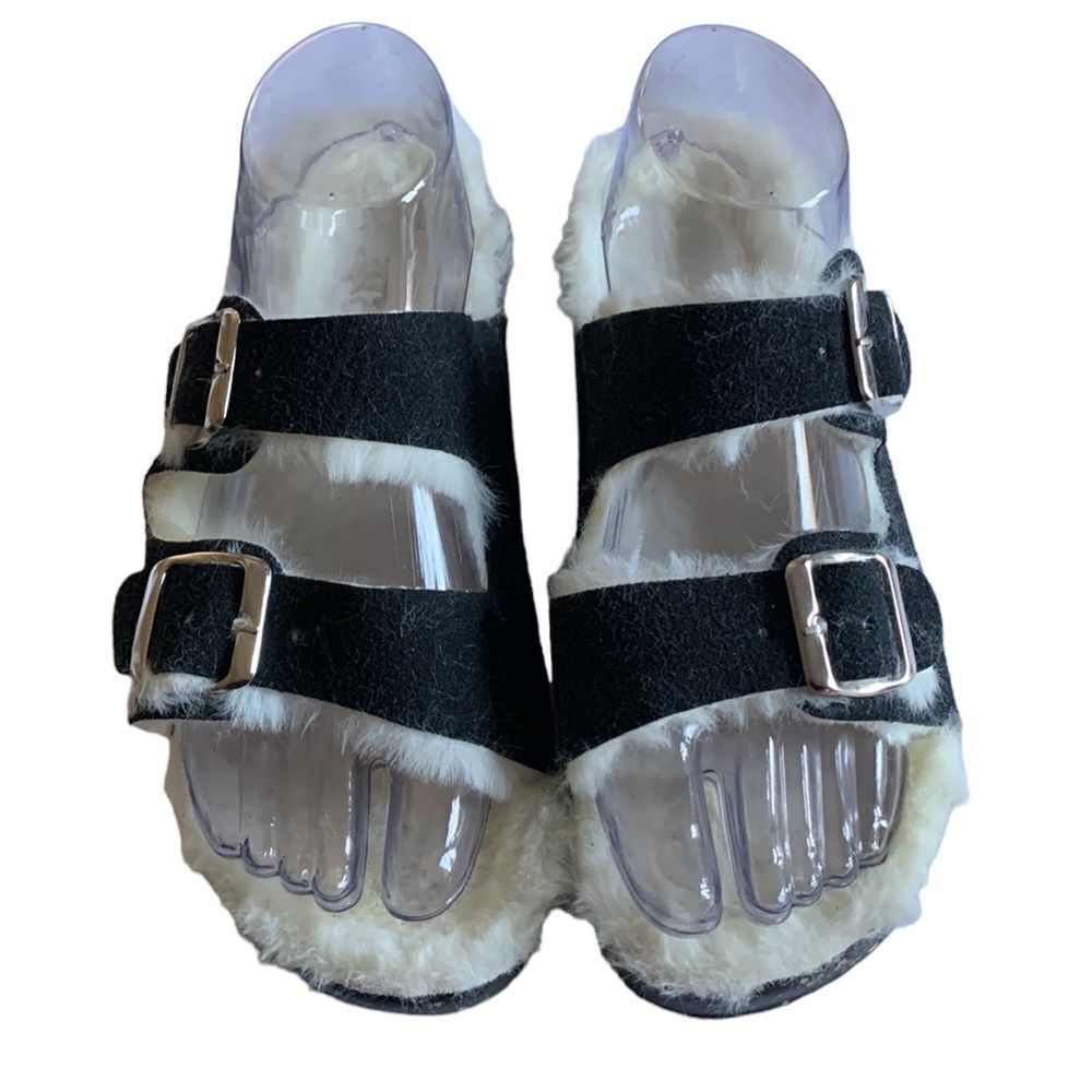 Faux Fur and Faux Suede Black Adjustable Slipper Sandals Size 8